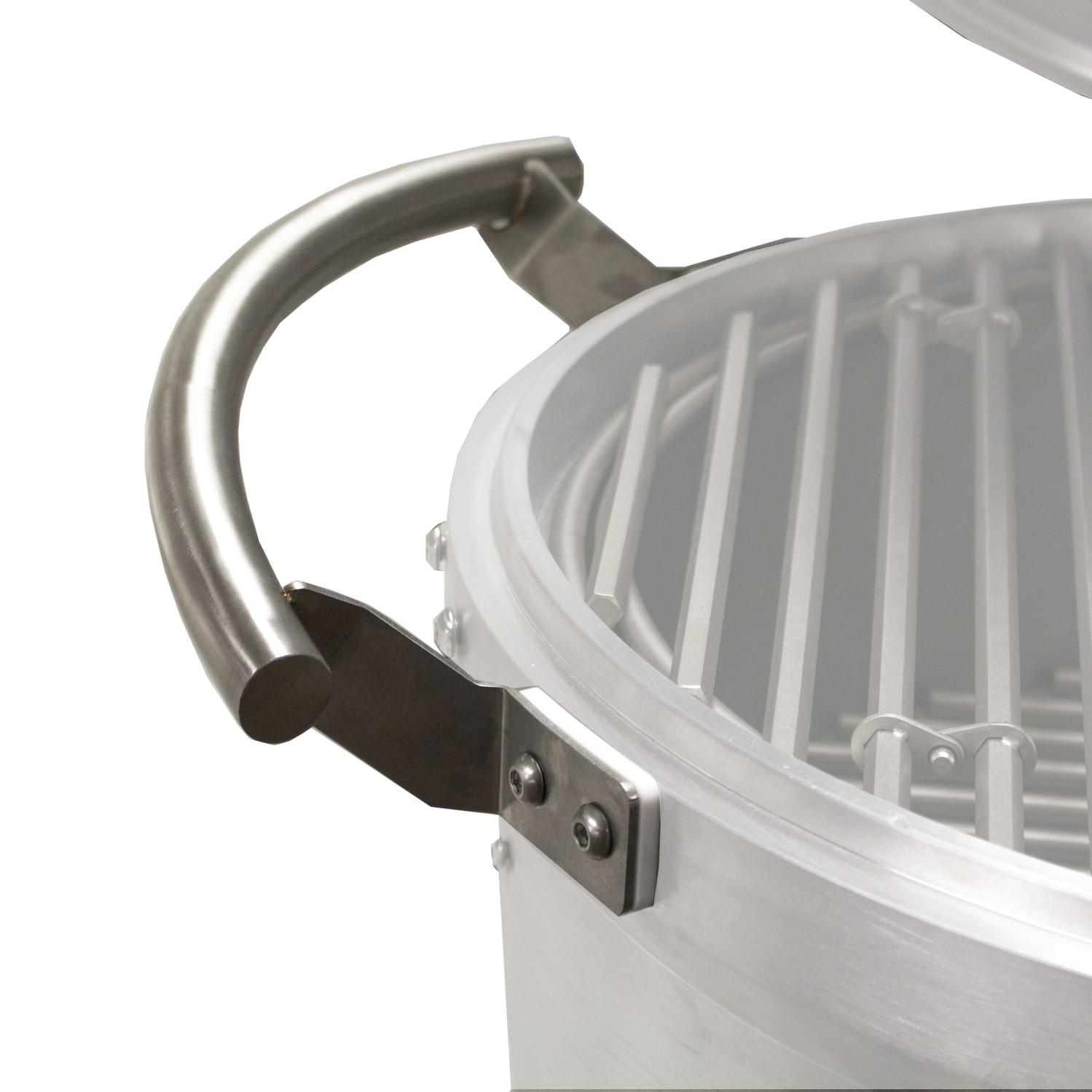 Stainless steel grill handle with curved grip and bracket for kamado grill