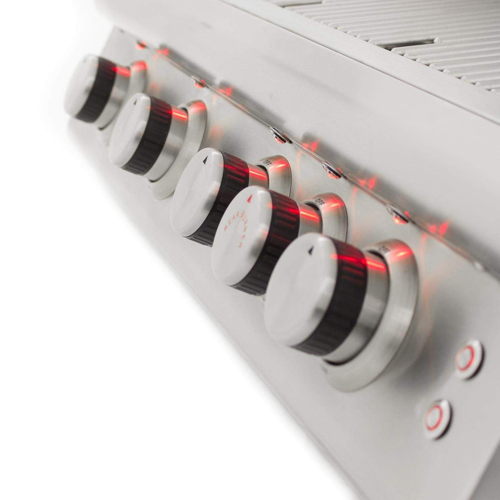 Gas grill control knobs with red indicator lights on stainless control panel