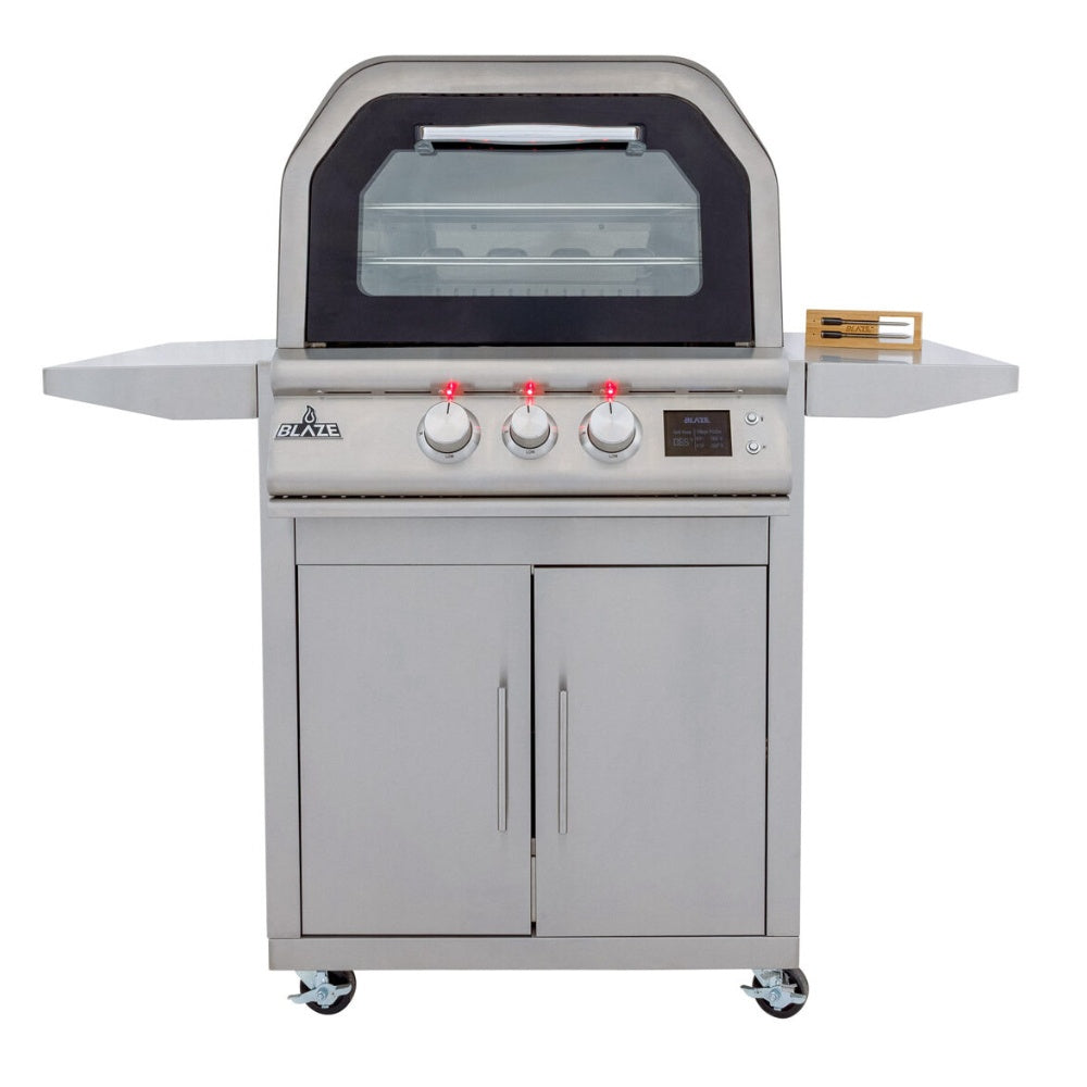 Outdoor pizza oven with cart, stainless hood, Blaze logo, control knobs, cabinet doors