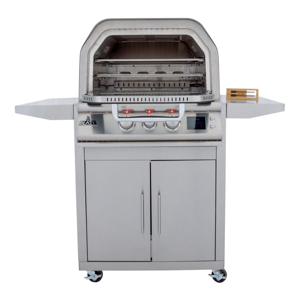 Outdoor pizza oven on cart with open cooking chamber, Blaze controls, stainless hood