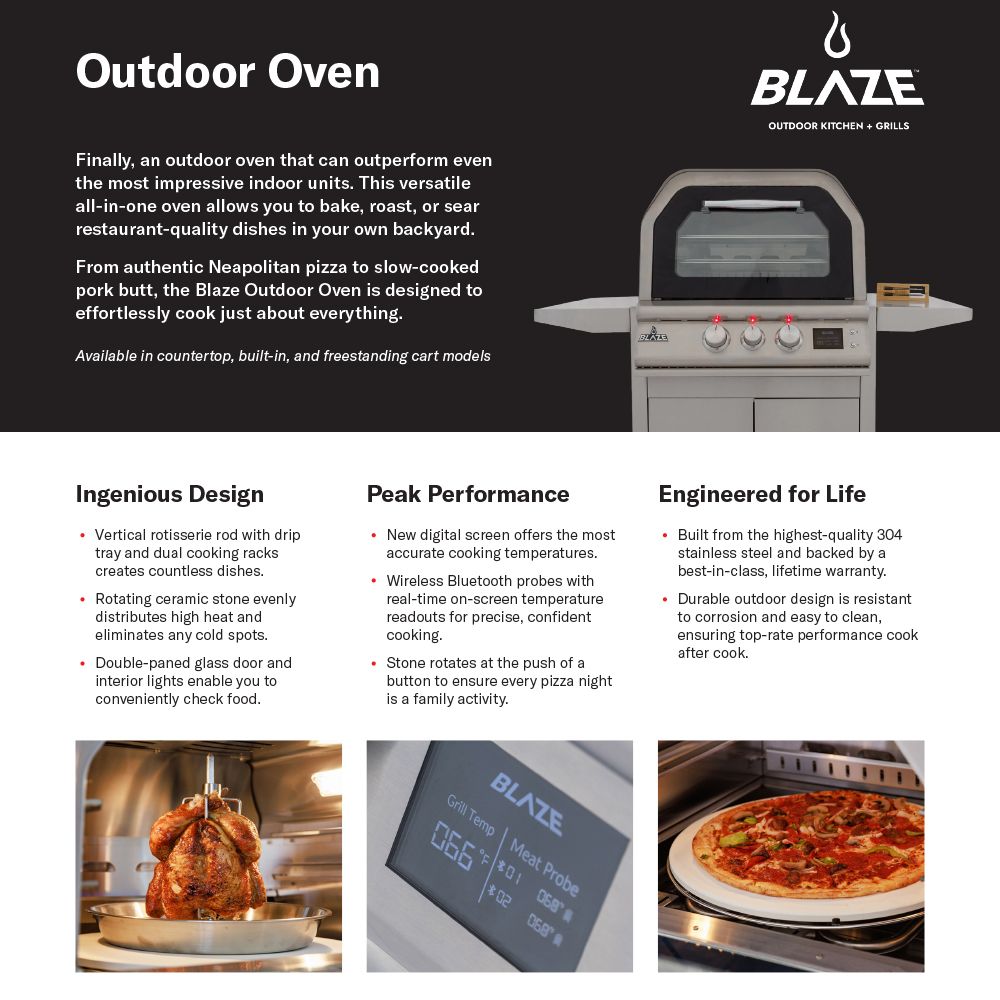 Blaze Outdoor Oven brochure graphic with key features and diagram icons