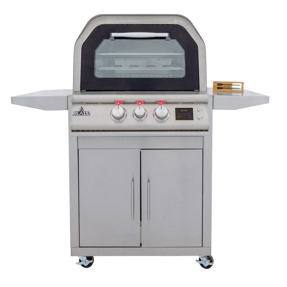 Outdoor pizza oven on cart, stainless cabinet with Blaze logo and front control panel