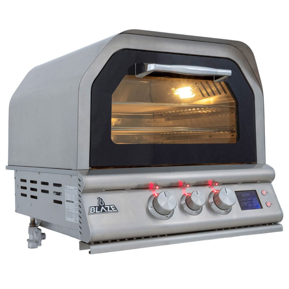 Blaze 26-inch built-in outdoor pizza oven, glass door, front knobs and display