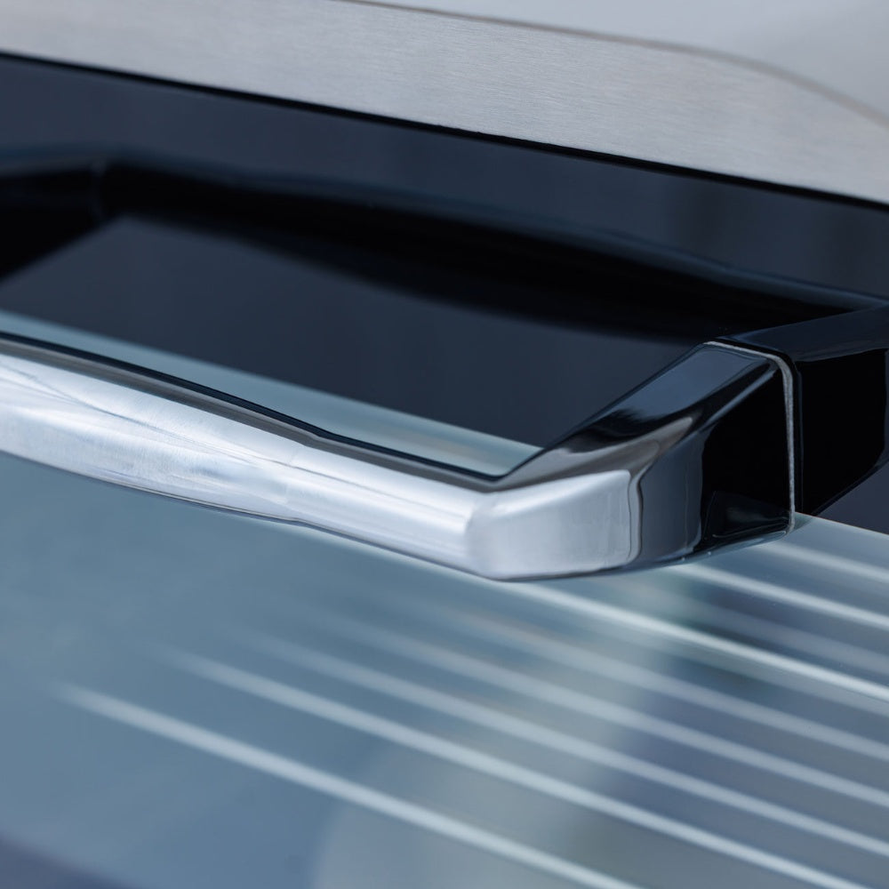 Outdoor pizza oven stainless steel rear handle and glossy trim on the front ledge