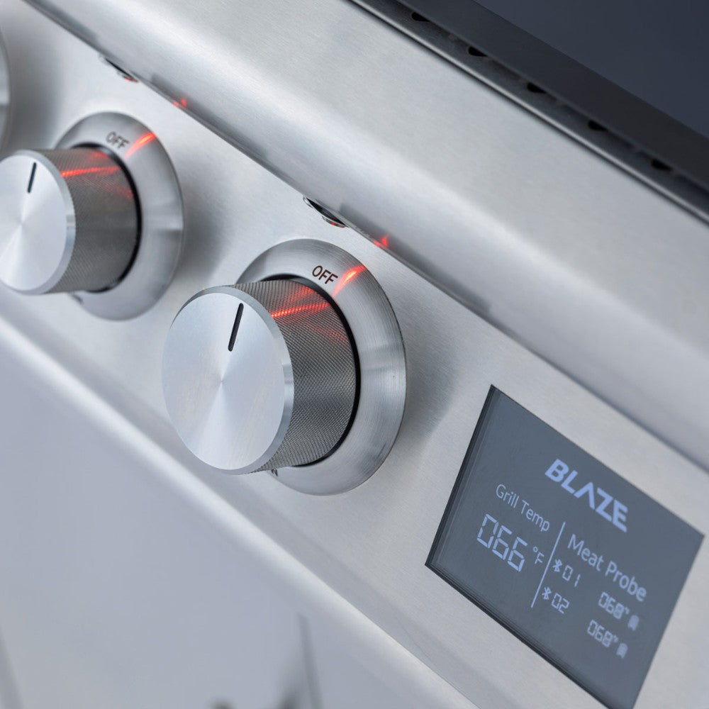Outdoor pizza oven control knobs and blue display panel on stainless control panel