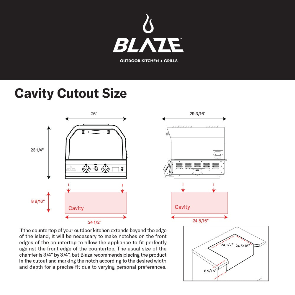 Cavity cutout size diagram for Blaze outdoor pizza oven with dimension arrows