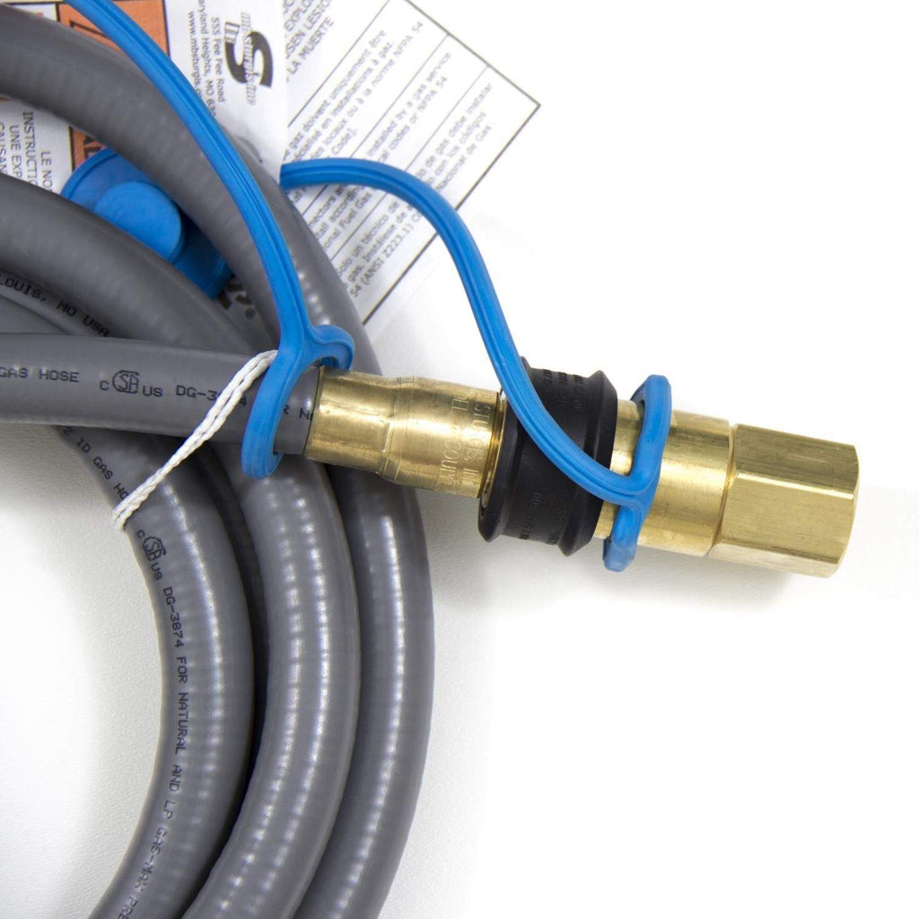 Gray natural gas hose with brass quick disconnect fitting and blue release collar.
