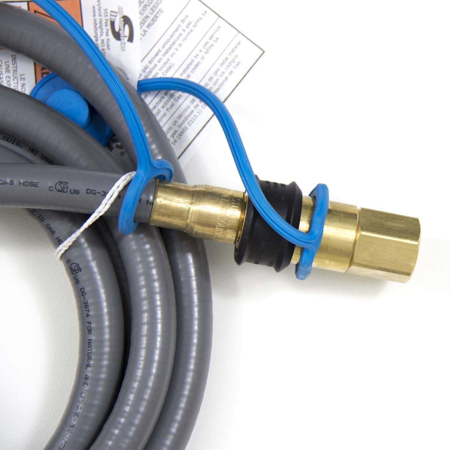 Gray natural gas hose with brass quick disconnect fitting and blue release collar.