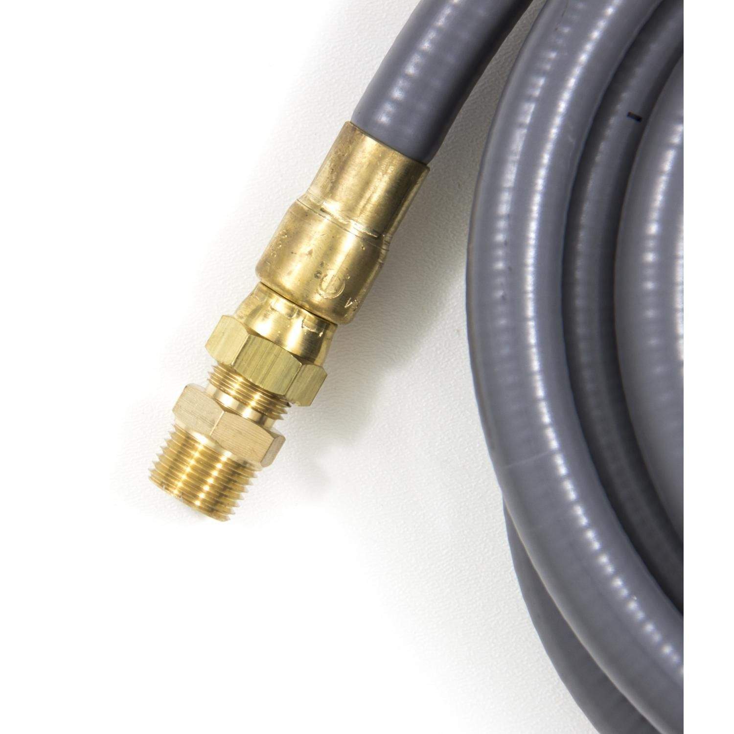 Gray natural gas hose end with brass fitting and threaded connector.