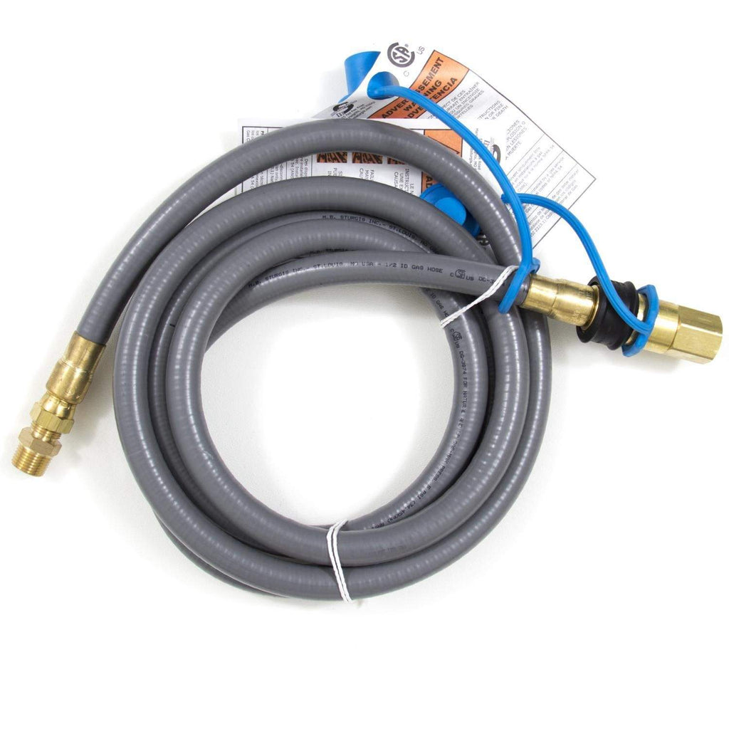 Natural gas hose with quick disconnect and gray tubing, brass ends, blue coupler.