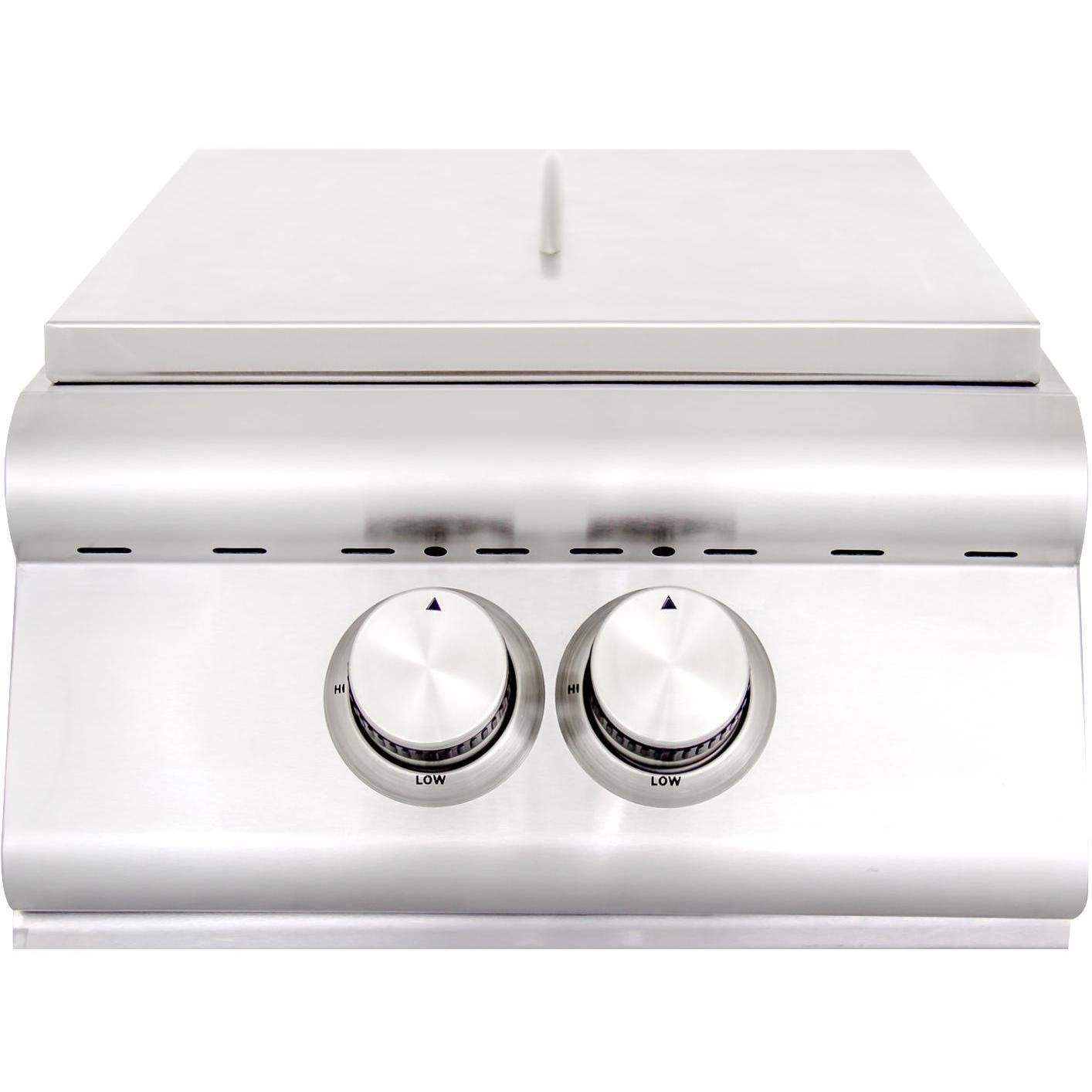 Stainless steel gas burner with lid and two front control knobs, showing vent slots on front panel