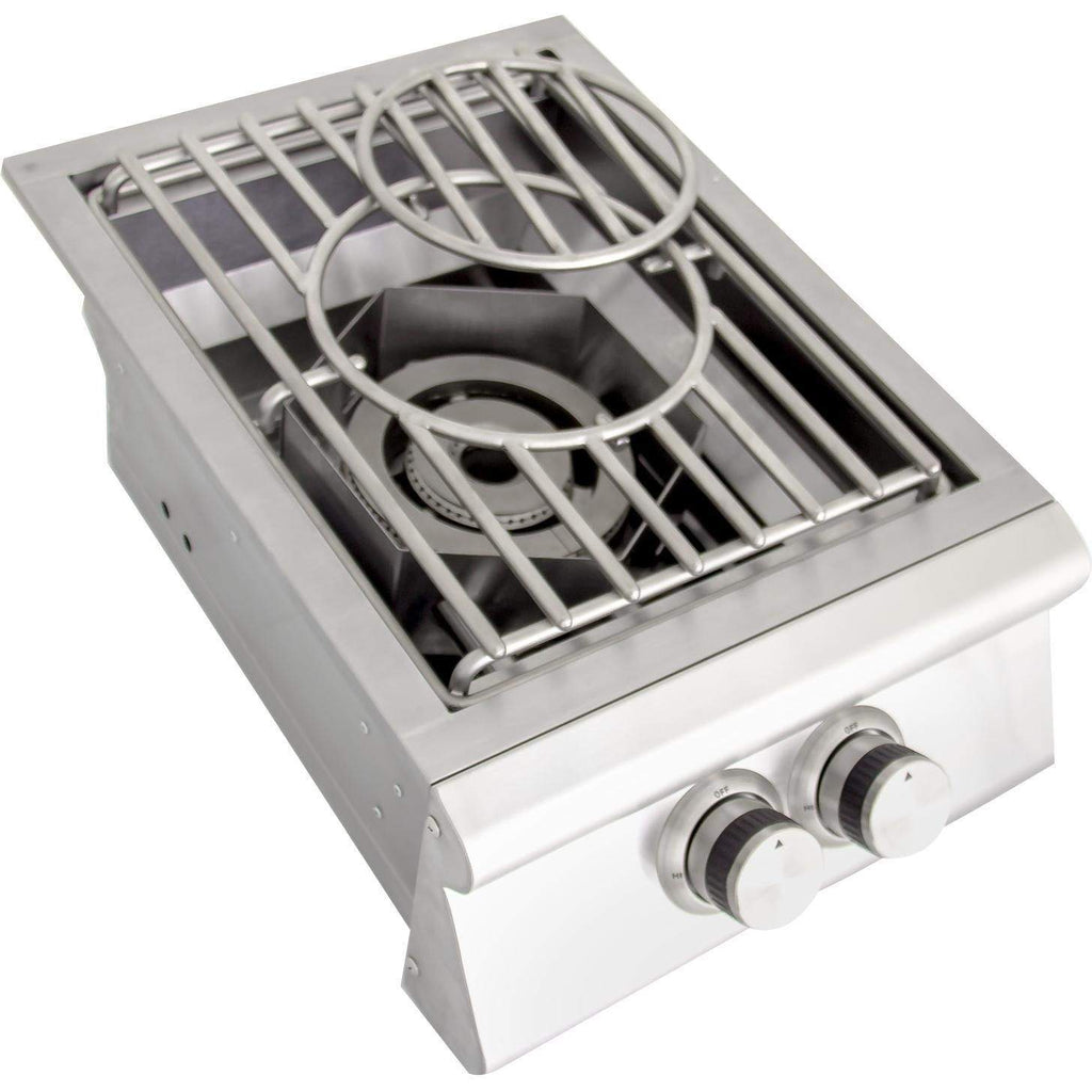 Stainless steel gas wok burner with wok ring grate and two front control knobs, angled view
