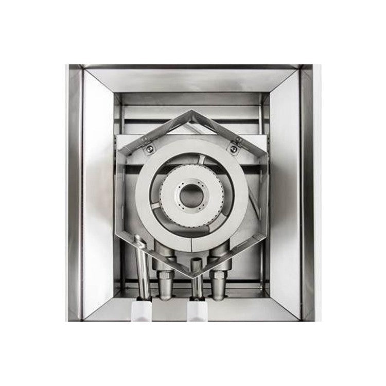 Gas burner head inside stainless enclosure with round burner assembly and ignition components