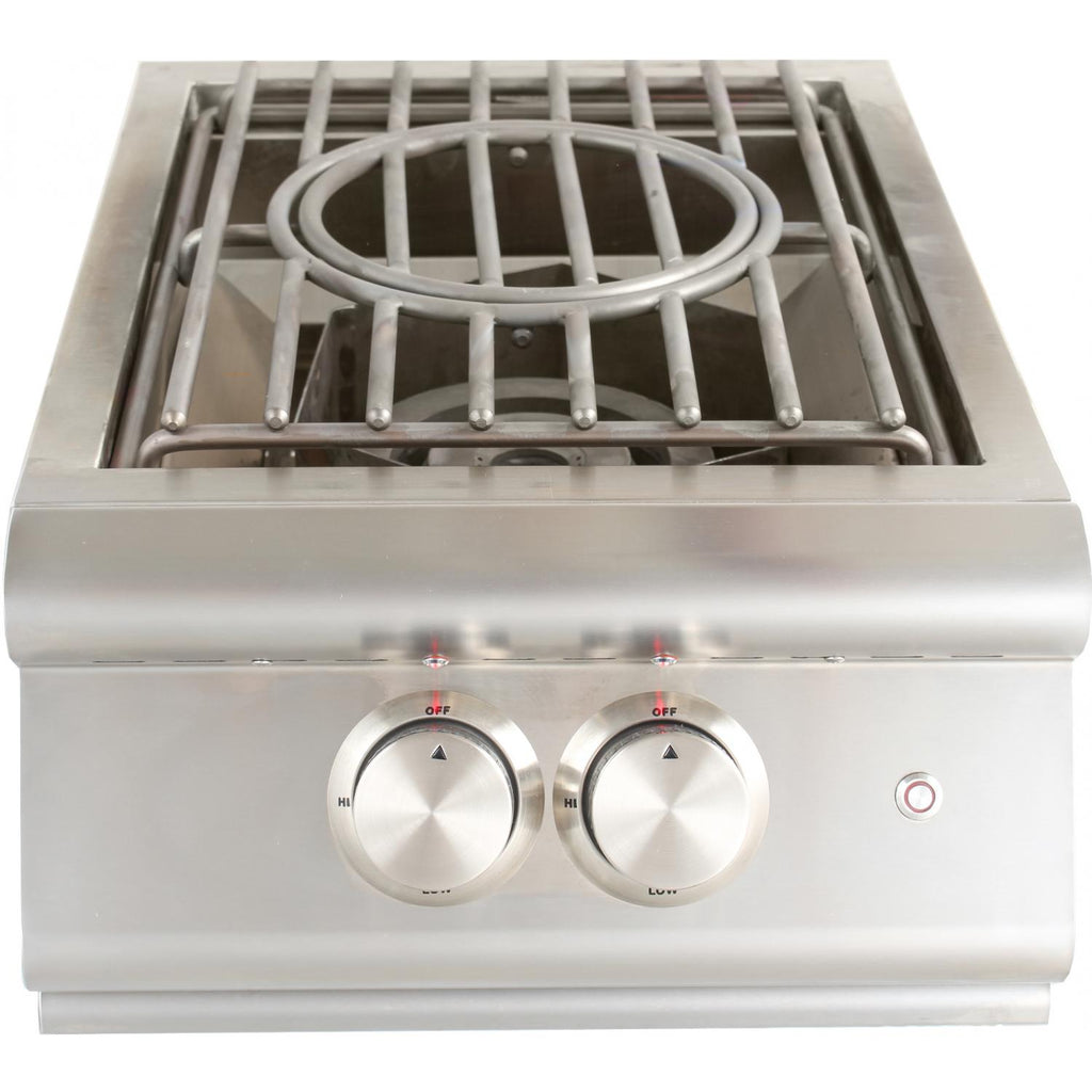 Stainless steel gas wok burner with circular wok ring and grates, two front control knobs