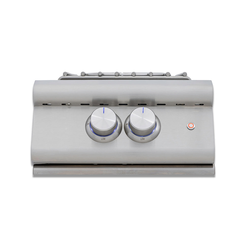 Built-in gas grill burner control panel with two metal knobs and red indicator light