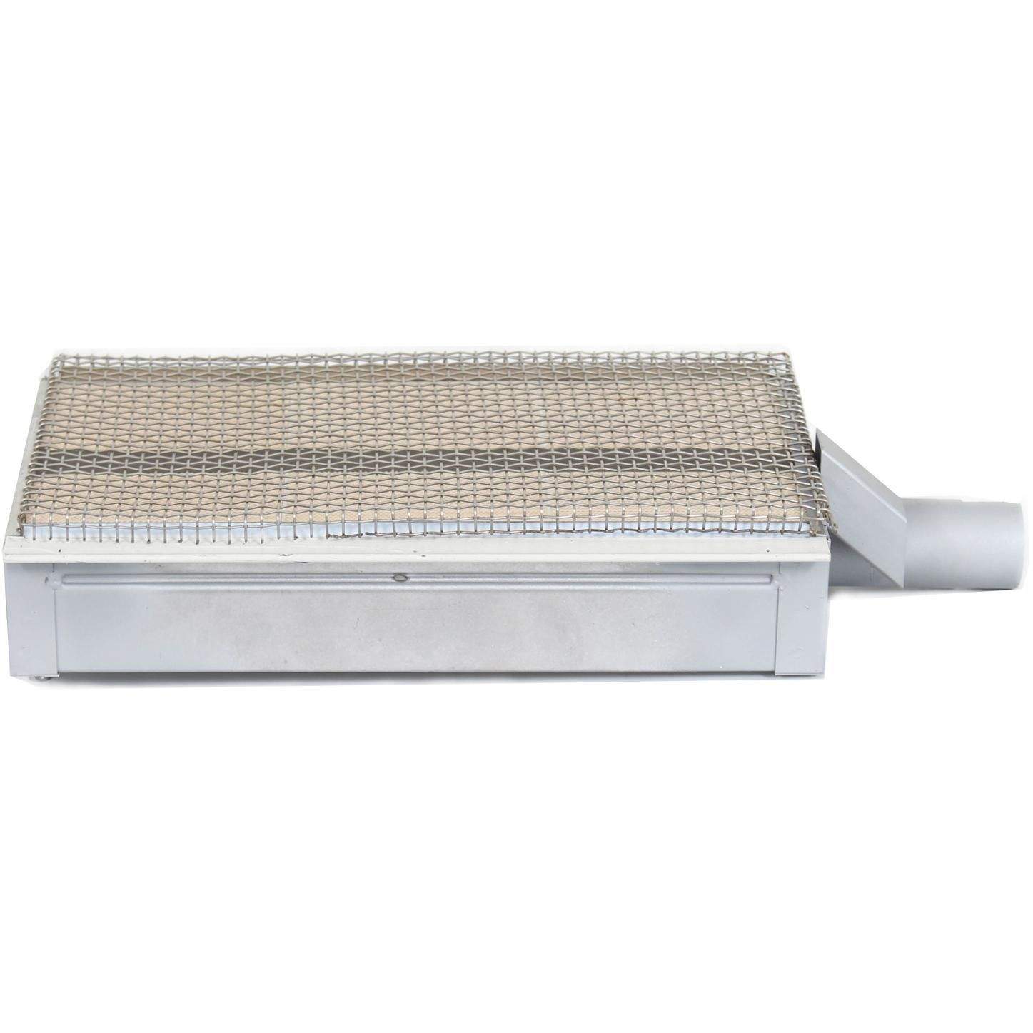 Infrared searing burner with wire mesh grate and metal housing, side control lever