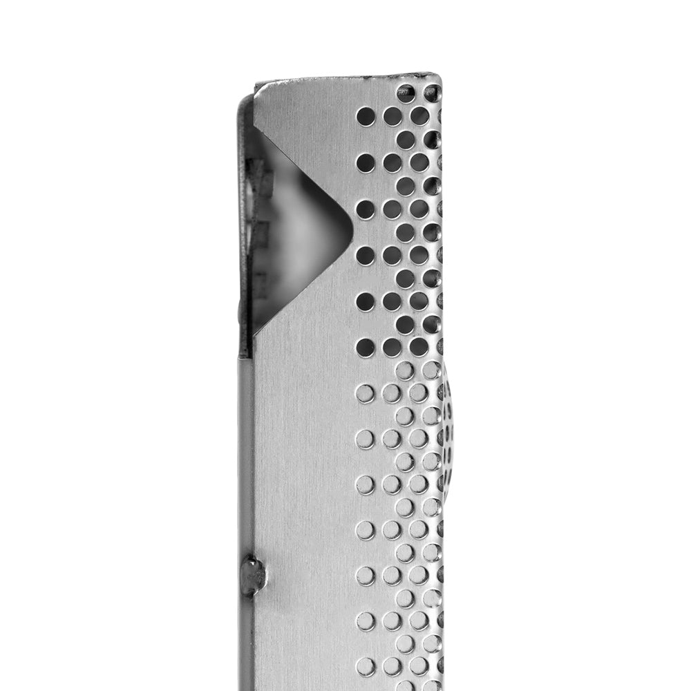 Perforated end cap for flame tamer with circular hole grid and angled cutout