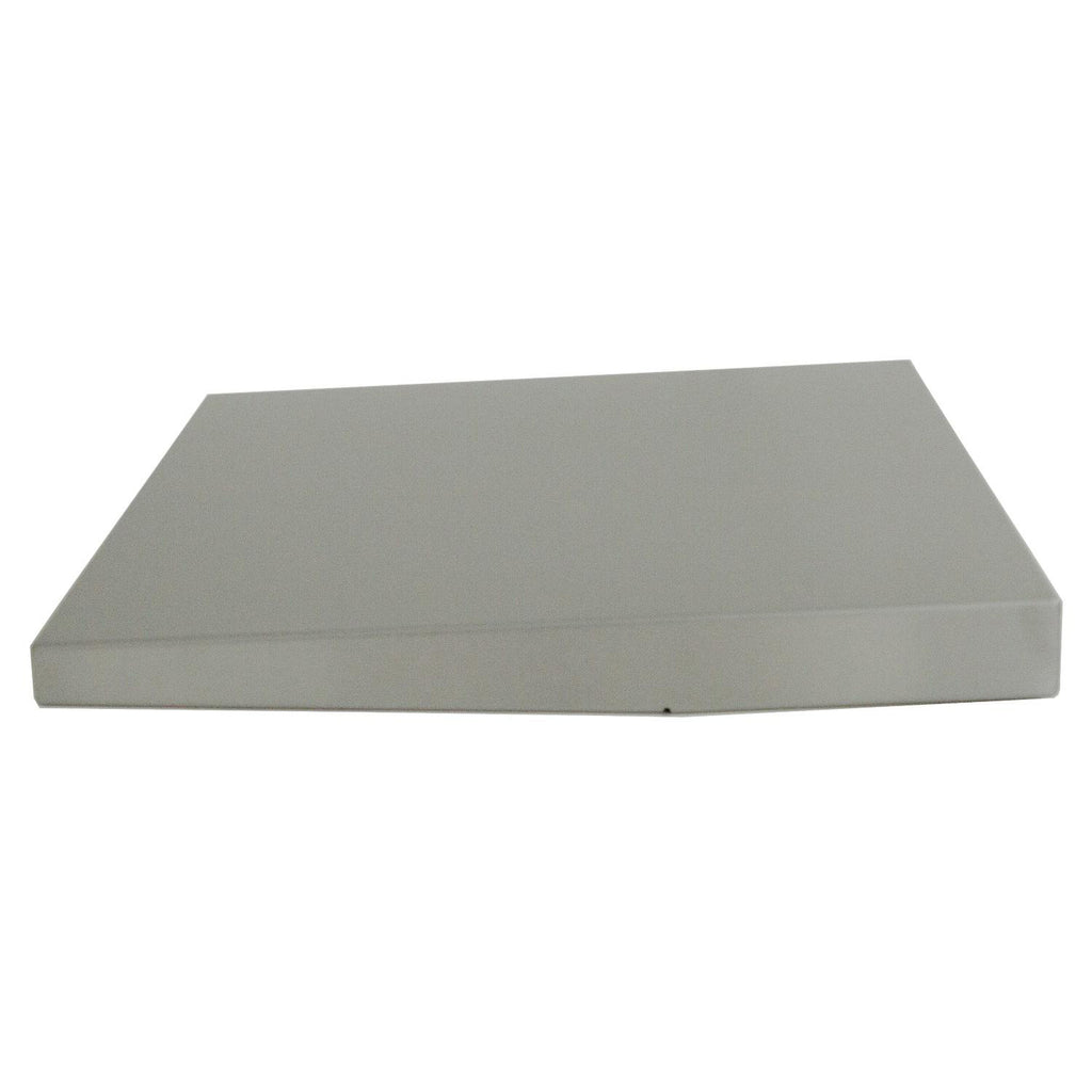 Gray metal side shelf panel with flat tabletop