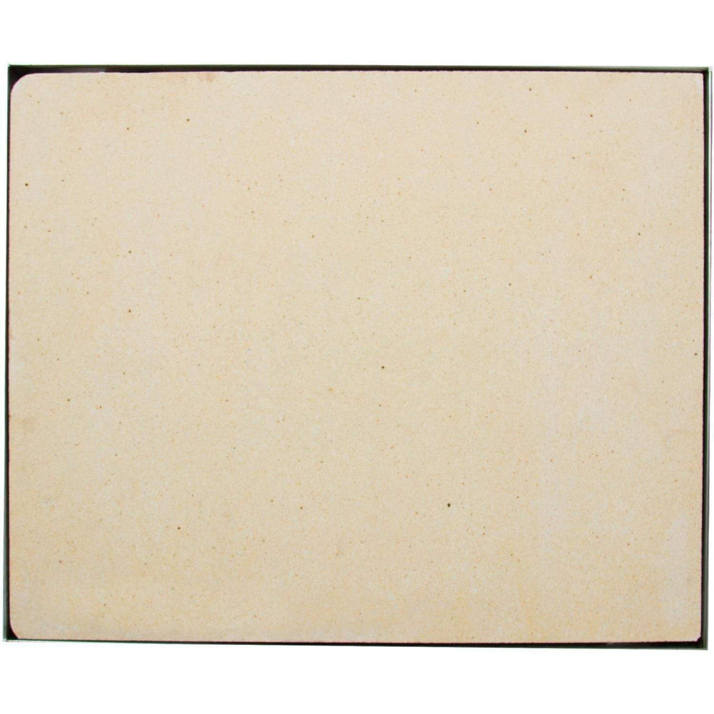 Rectangular ceramic pizza stone with smooth edges and speckled tan finish