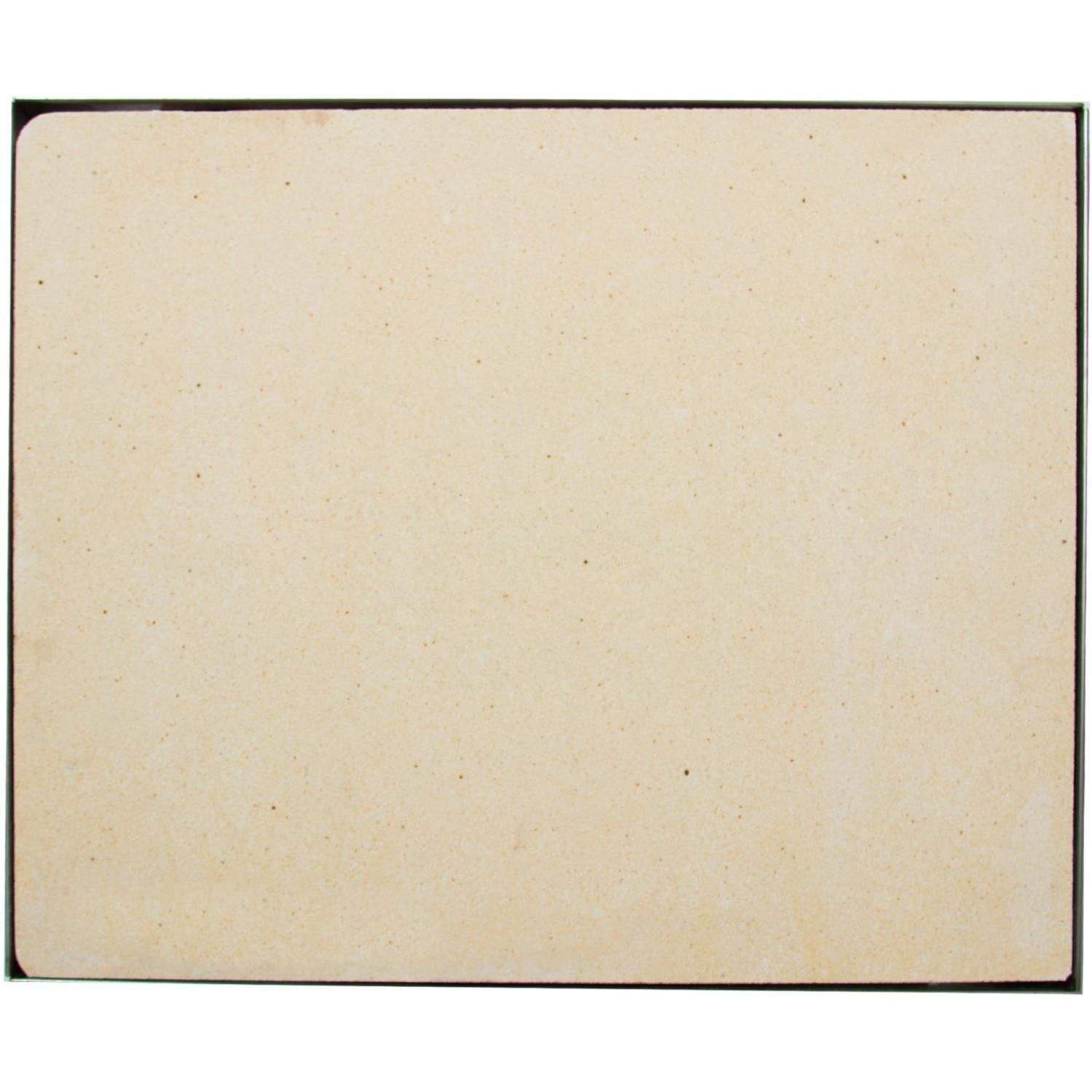 Rectangular ceramic pizza stone with smooth edges and speckled tan finish