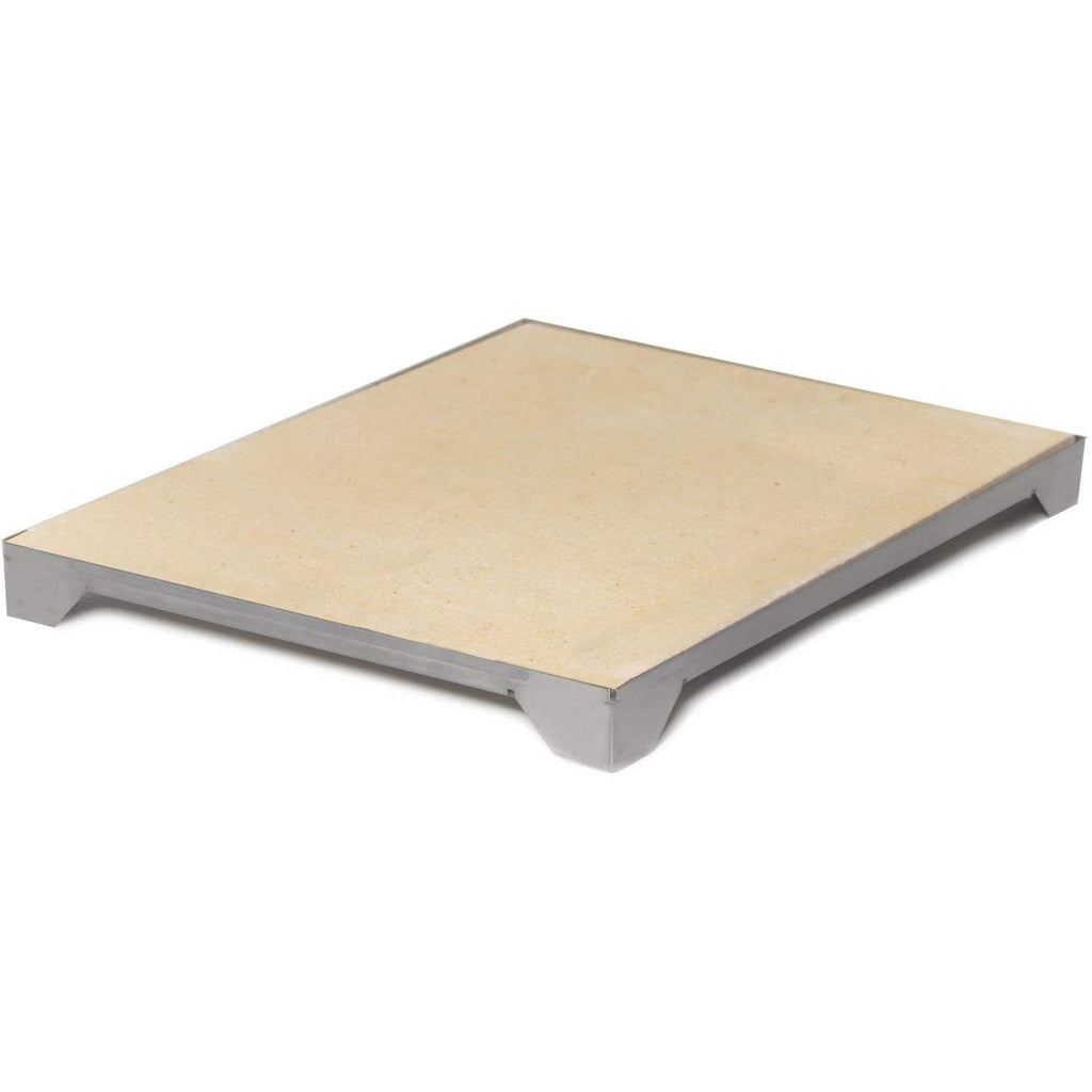 Ceramic pizza stone on gray metal rack, pale tan stone surface.