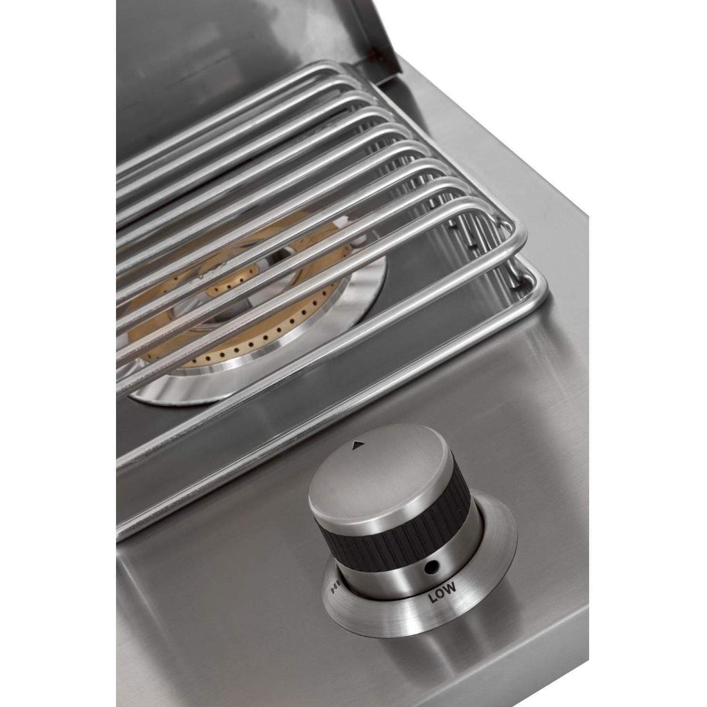 Stainless single-burner cooktop with burner grate and round control knob labeled LOW