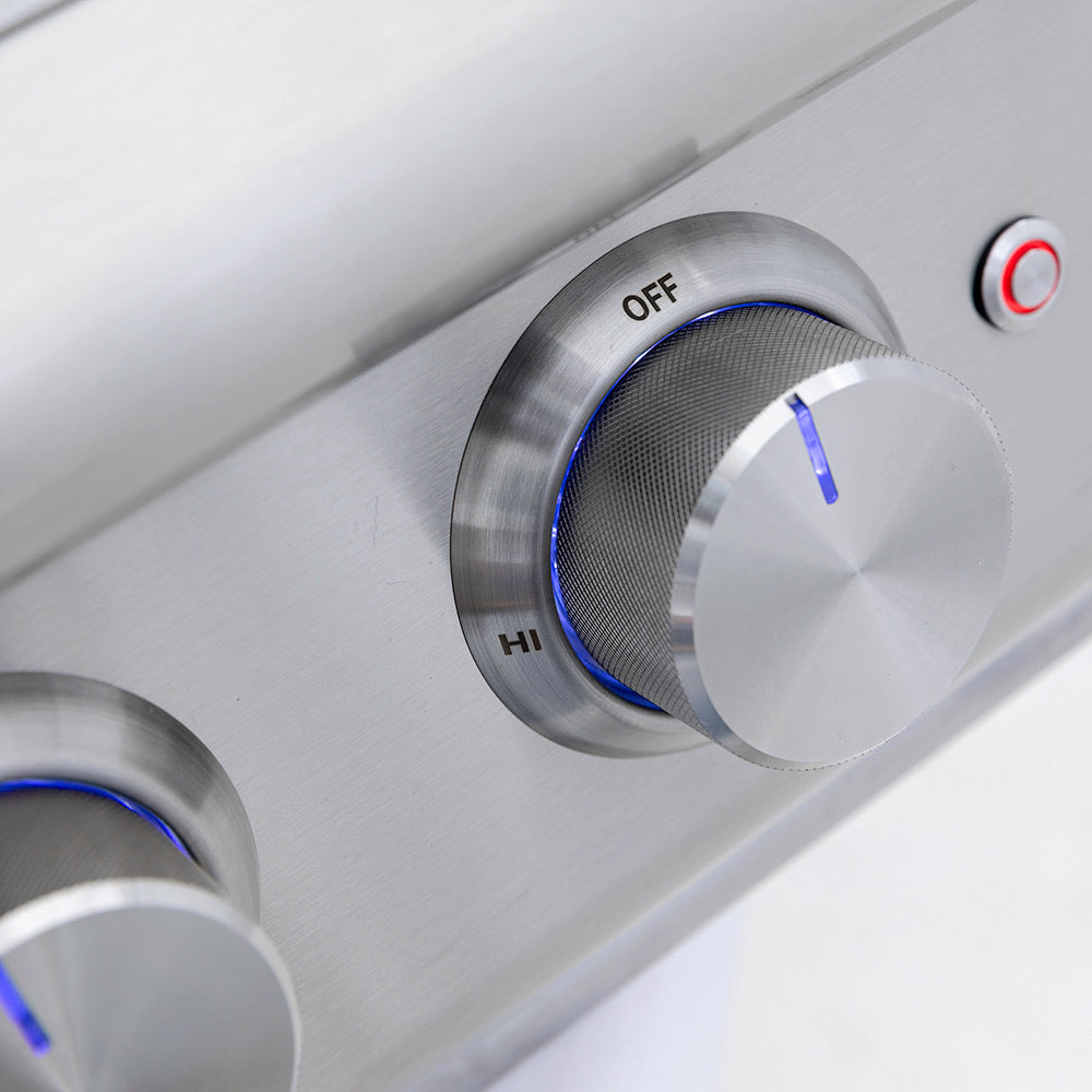 Side burner control knob with blue light bar, OFF to HI markings, stainless panel