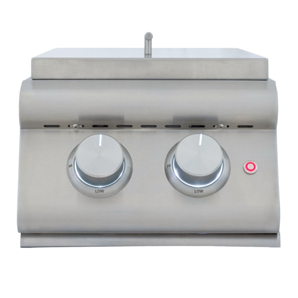 Stainless steel double side burner grill with two control knobs and push-start button