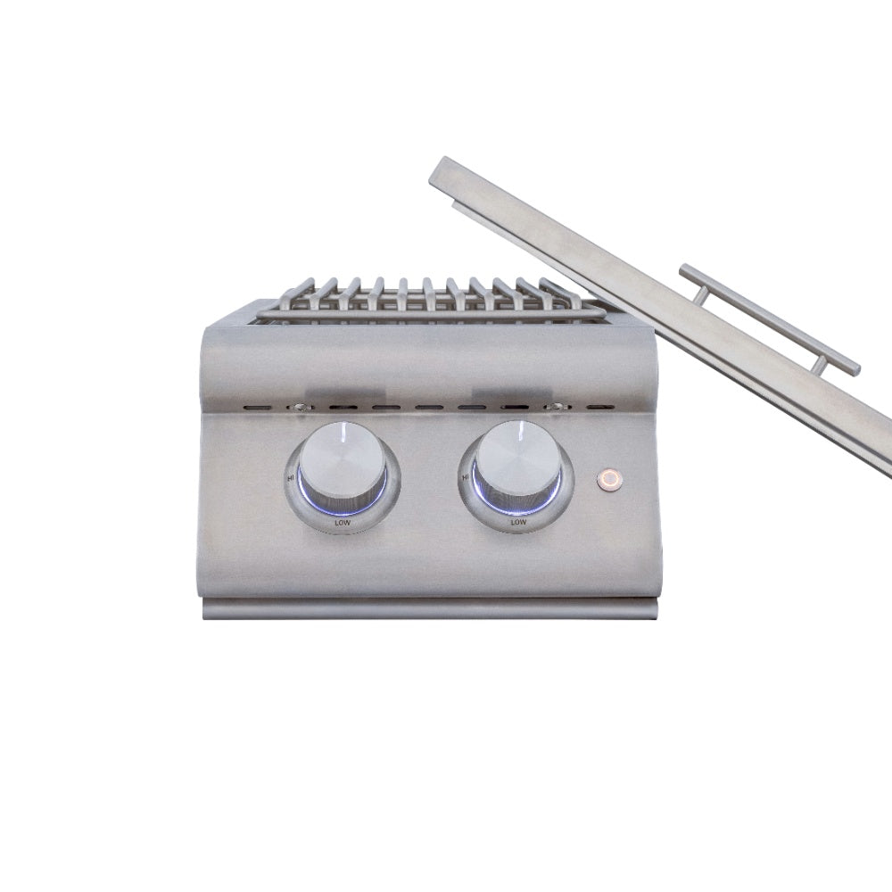 Stainless steel double side burner grill with open lid and two front control knobs