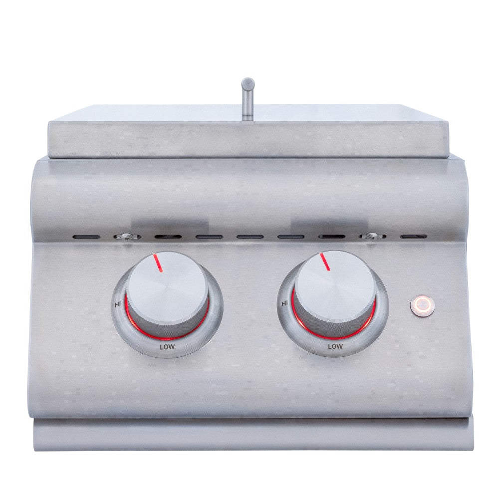 Stainless steel double side burner grill with two low-control knobs and ignition button