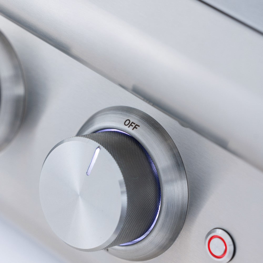 Stainless steel side burner control knob with OFF setting and nearby ignition button