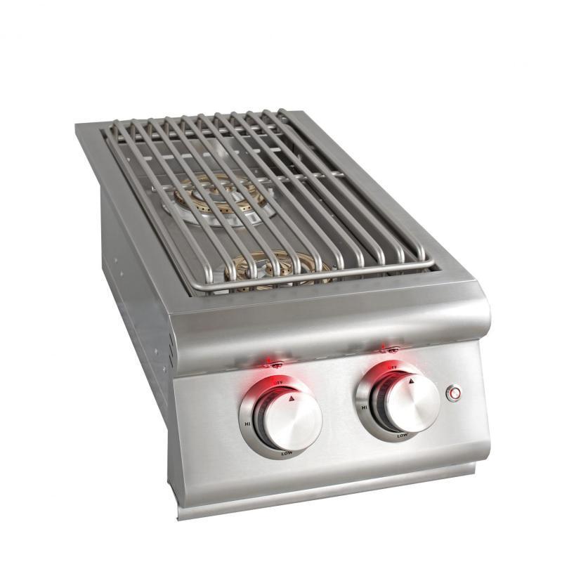 Stainless steel double burner grill with two front knobs and metal grate