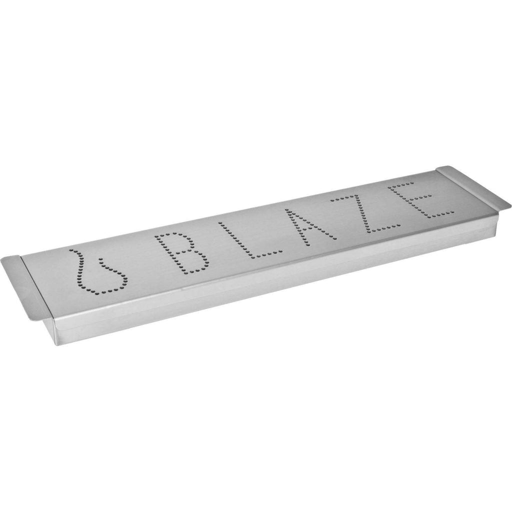 Gas grill smoker box with closed lid and dotted letter cutouts across top
