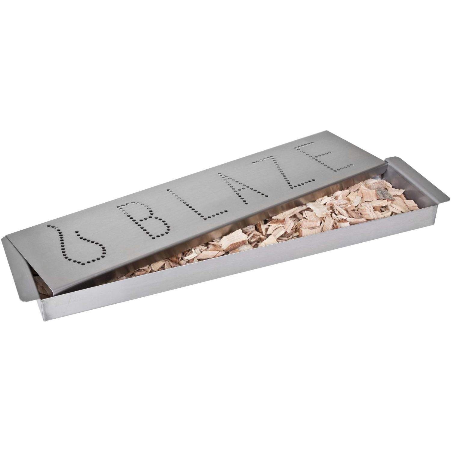 Gas grill smoker box with open top and wood chips, dotted letter cutouts on lid