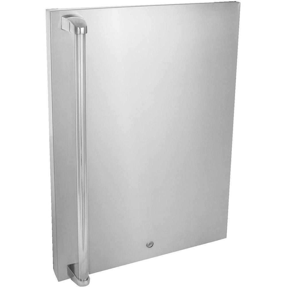 Stainless steel hinged refrigerator door with vertical handle, right-swing style