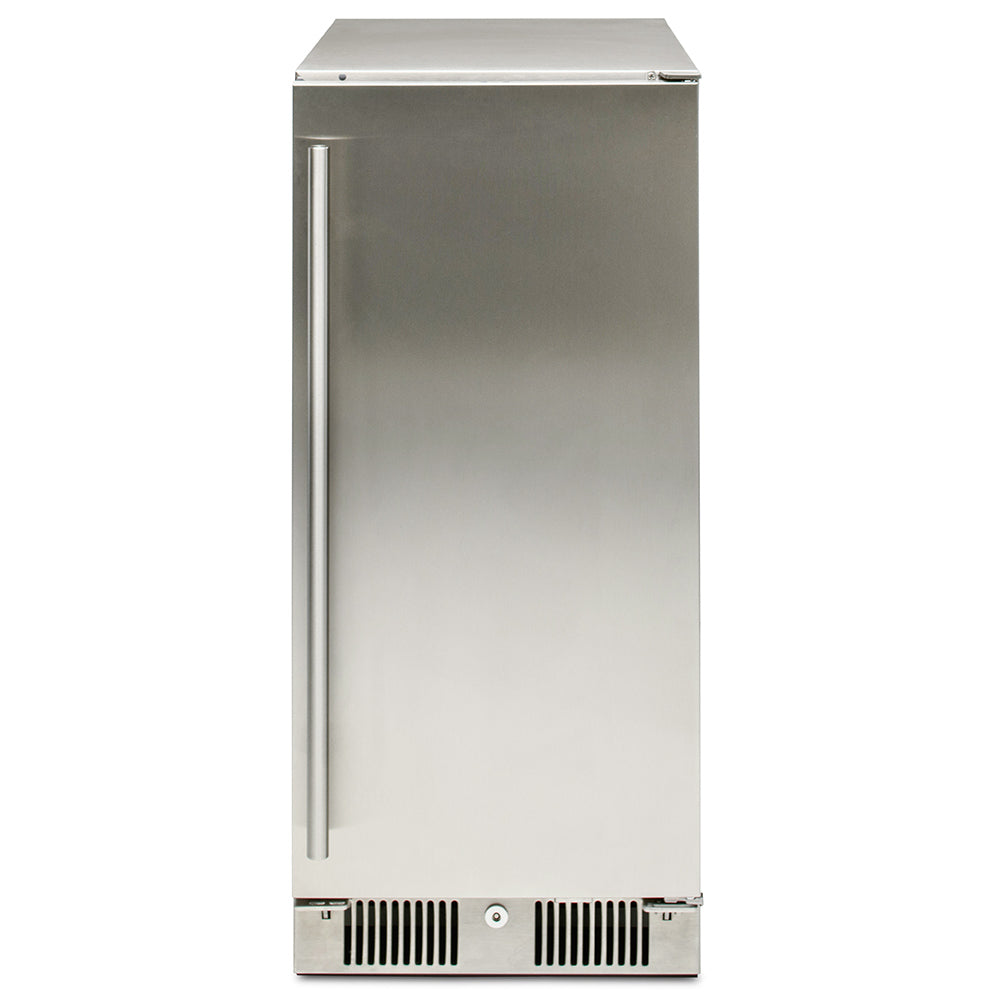 Outdoor-rated stainless steel refrigerator, front door closed, tall freestanding design