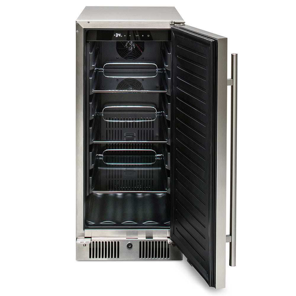 Outdoor-rated refrigerator with door open, black interior shelves and fan vent visible