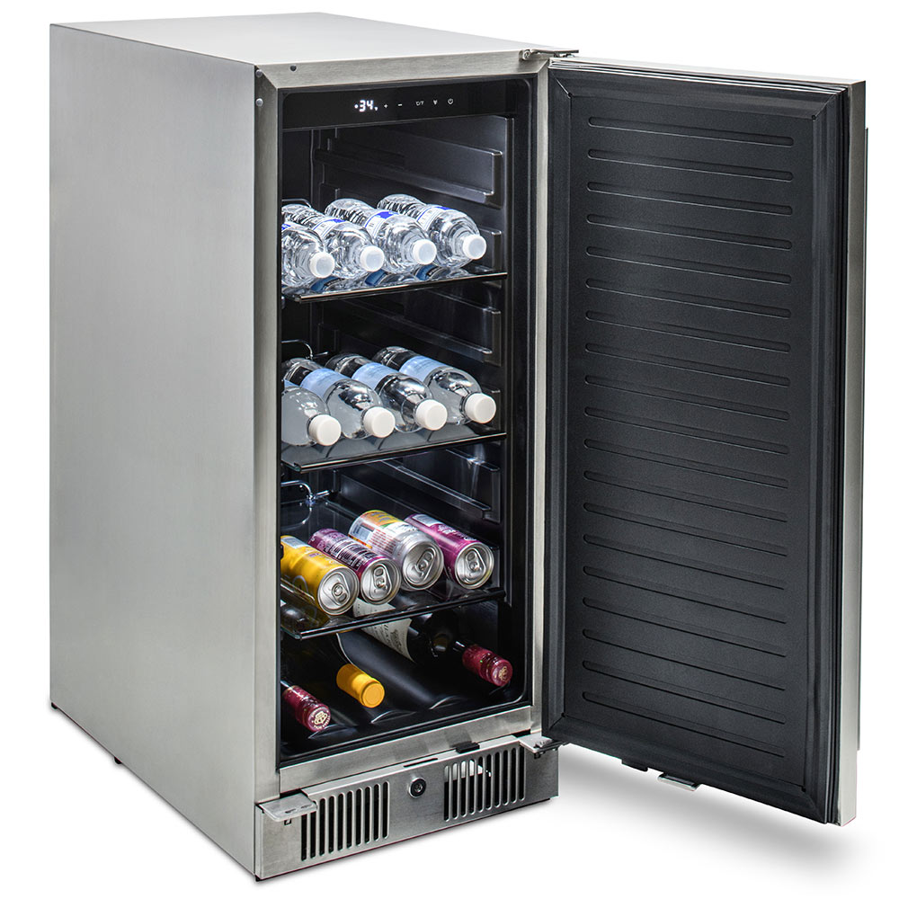 Outdoor-rated refrigerator open, interior stocked with bottles, cans, and wire shelves