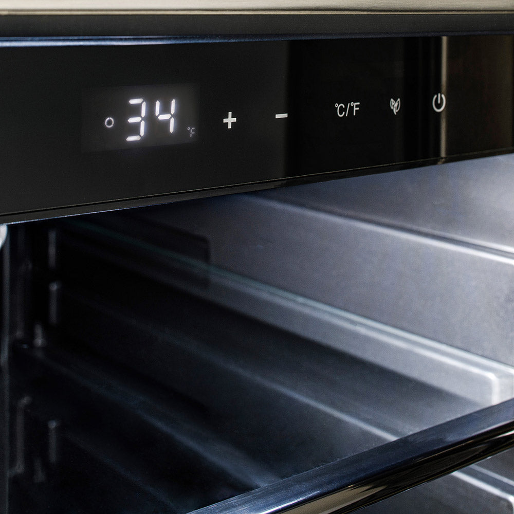 Outdoor-rated refrigerator control panel display over interior shelf