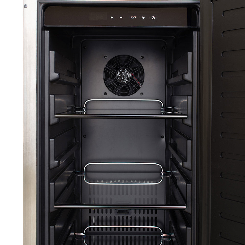Outdoor-rated refrigerator door open, fan and wire shelves with two storage racks