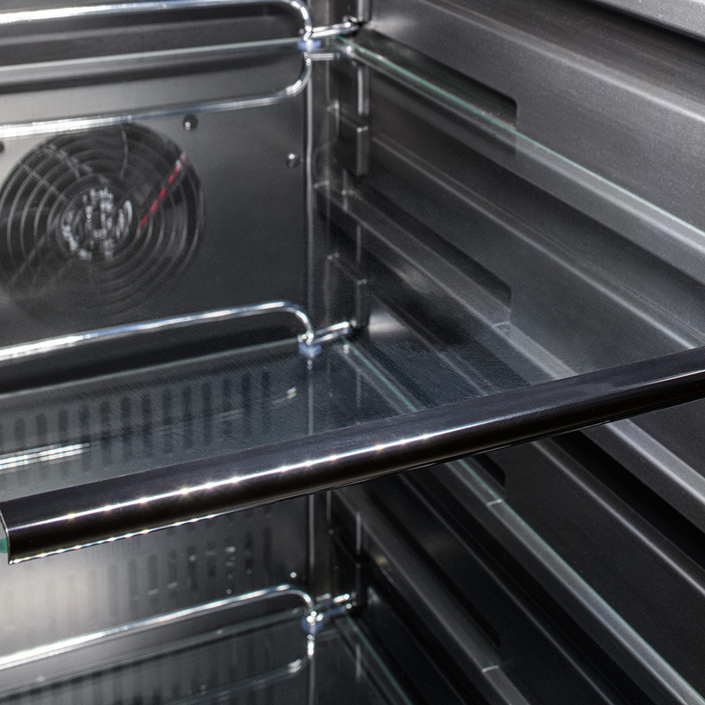 Outdoor-rated refrigerator interior close-up, fan and vented shelf with metal rails