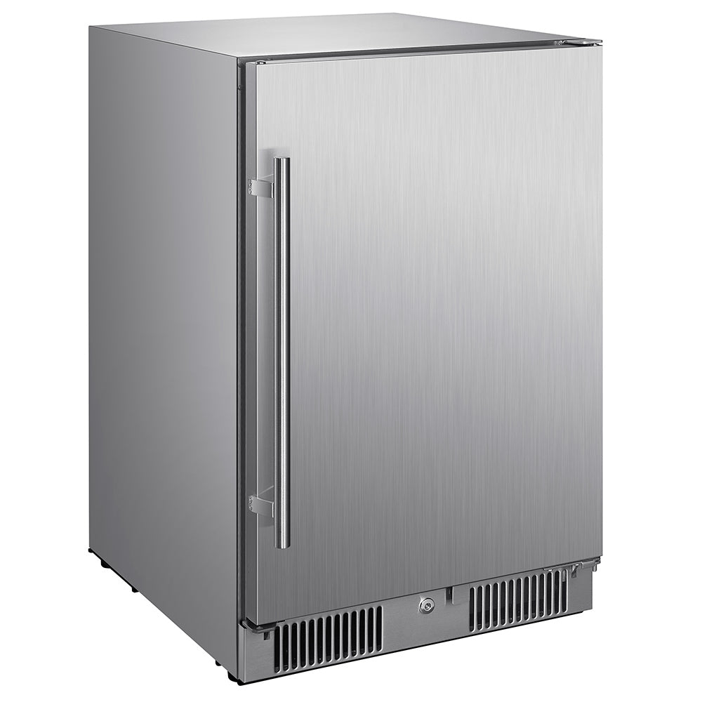 Compact stainless steel refrigerator with vertical side handle and bottom vent grilles.