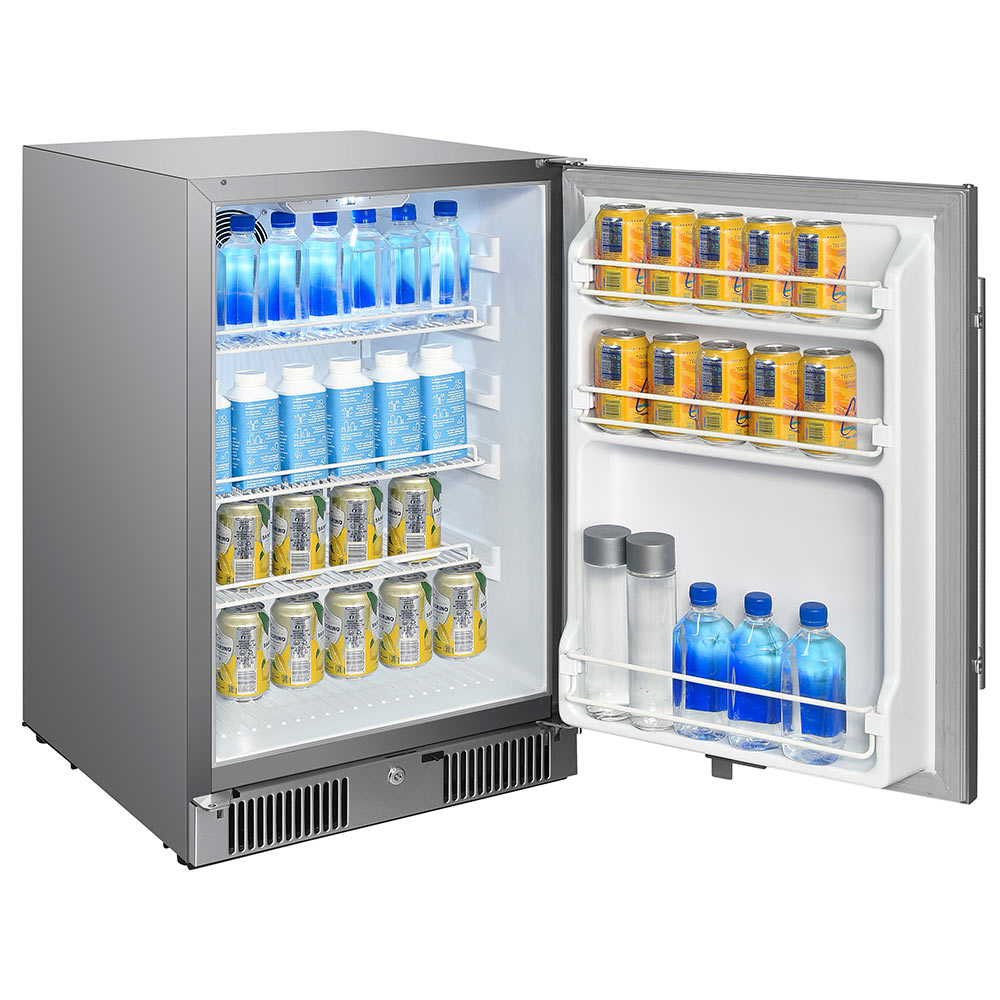 Compact stainless steel refrigerator with open door, shelves stocked with bottled drinks and cans.