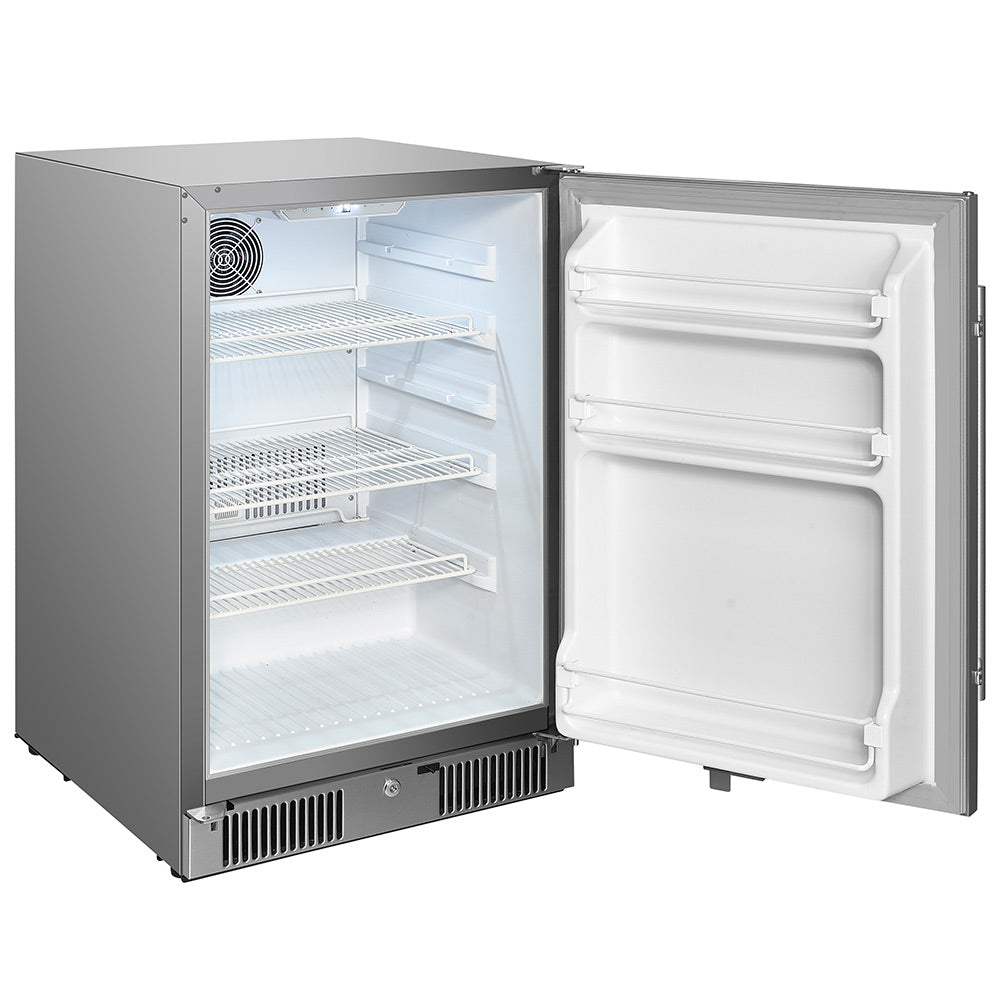 Compact stainless steel refrigerator with open door showing empty wire shelves and rear fan grille.