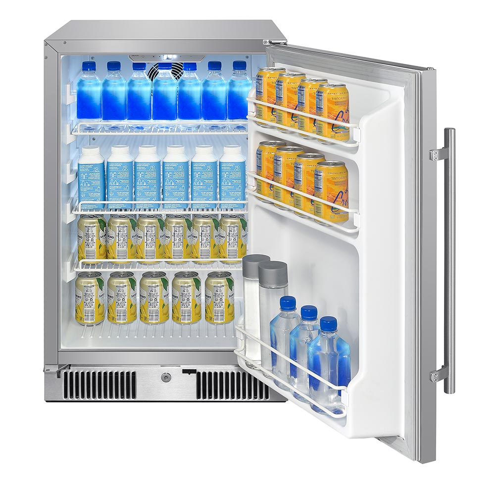 Compact stainless steel refrigerator with open door and stocked compartments for bottles and snacks.