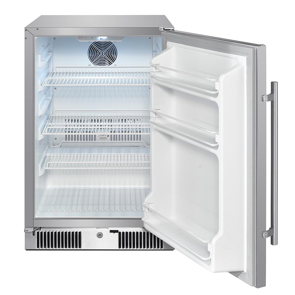 Compact stainless steel refrigerator with open door, white interior shelves and side fan housing.