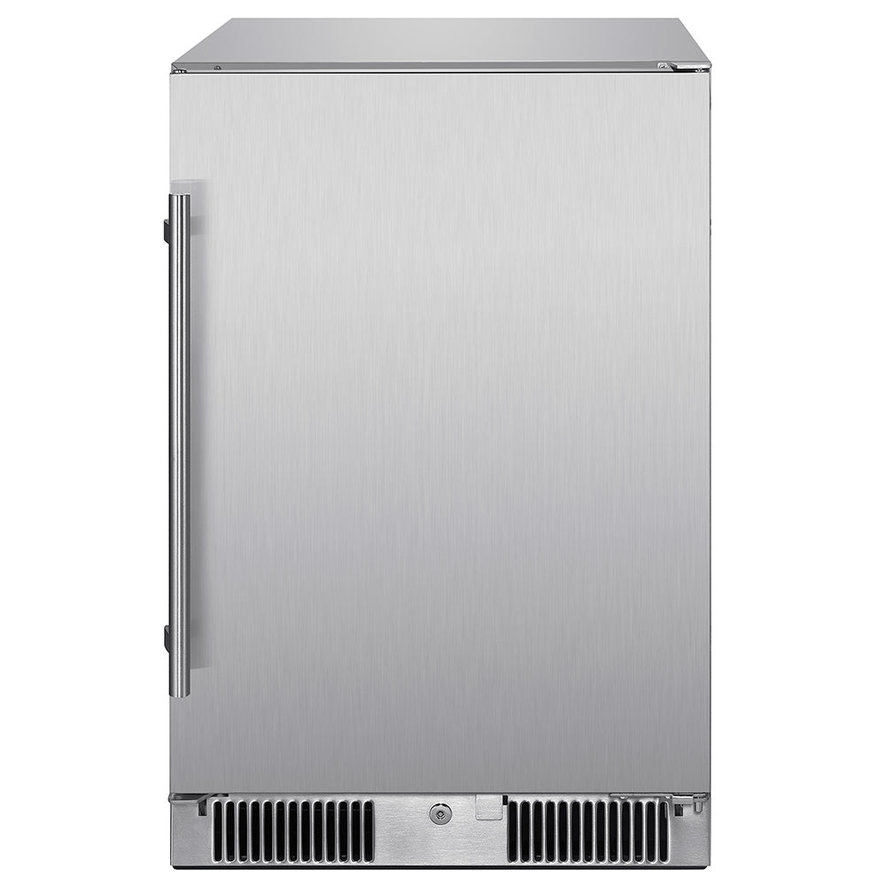 Compact stainless steel refrigerator side view with vertical handle and bottom vent grilles.
