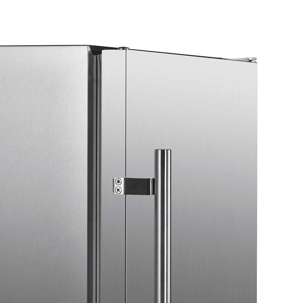 Compact stainless steel refrigerator door handle and latch detail with lock plate.