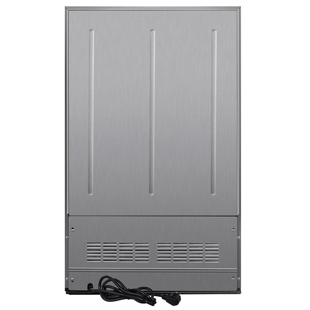 Compact stainless steel refrigerator with closed door and power cord at bottom edge.