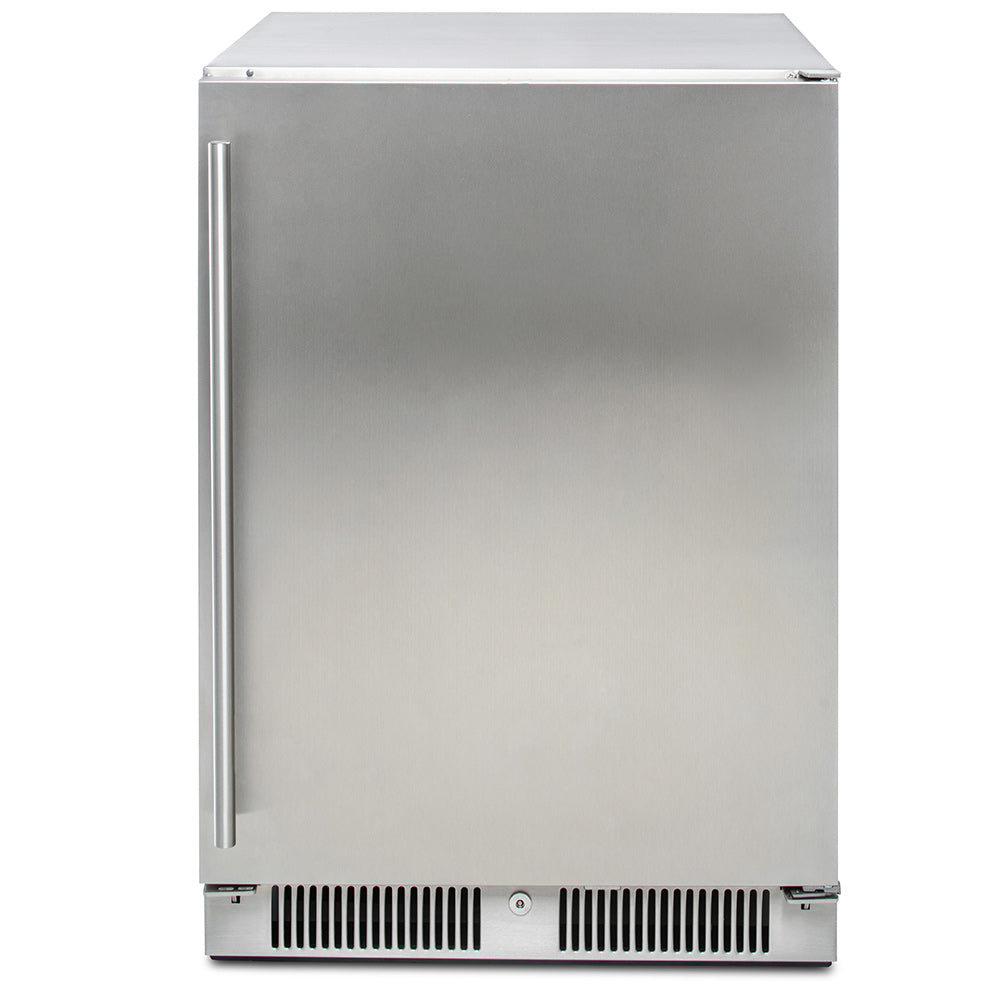 Stainless steel outdoor refrigerator with vertical handle and front vent grille